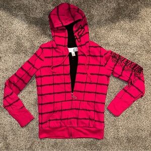 Vintage Red and Black Fox Racing Zip-Up with Sleeve & Hood Embroidery